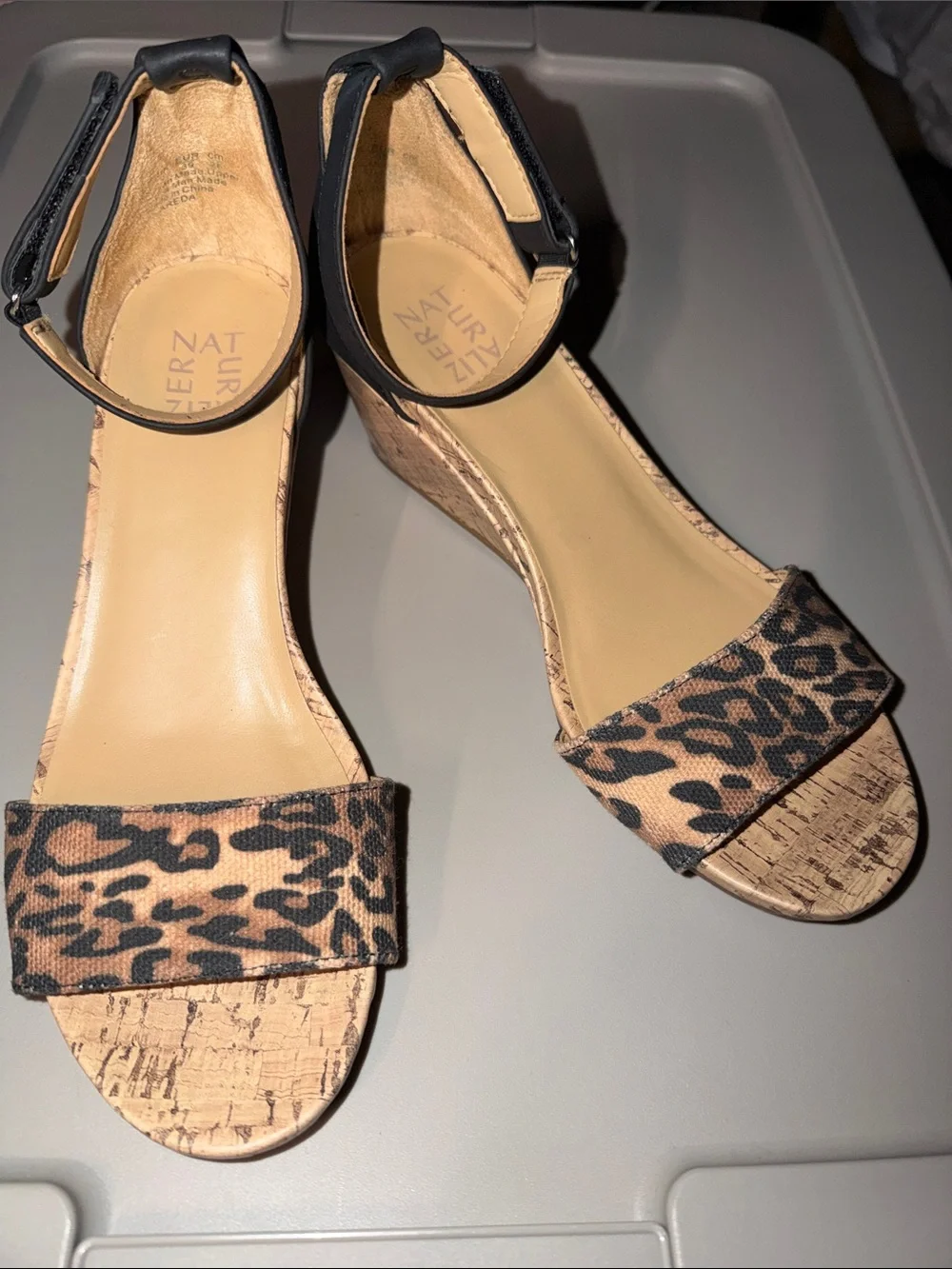 Naturalizer Leopard Print Cork Wedge Sandals with Black Ankle Strap